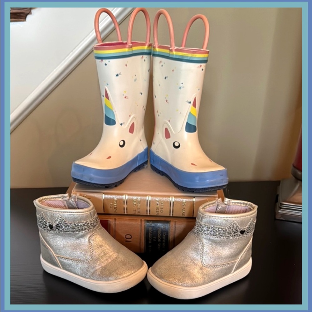 STRIDE RITE SILVER ANKLE BOOTS UNICORN PRINT KIDS RAIN BOOTS Sz 5